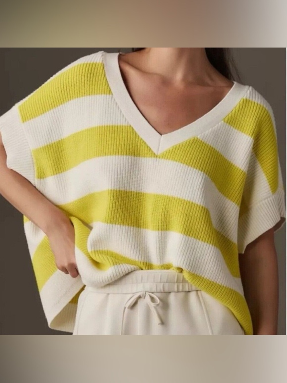 Maeve by Anthropologie V-Neck Striped Knit Sweater in Yellow and White